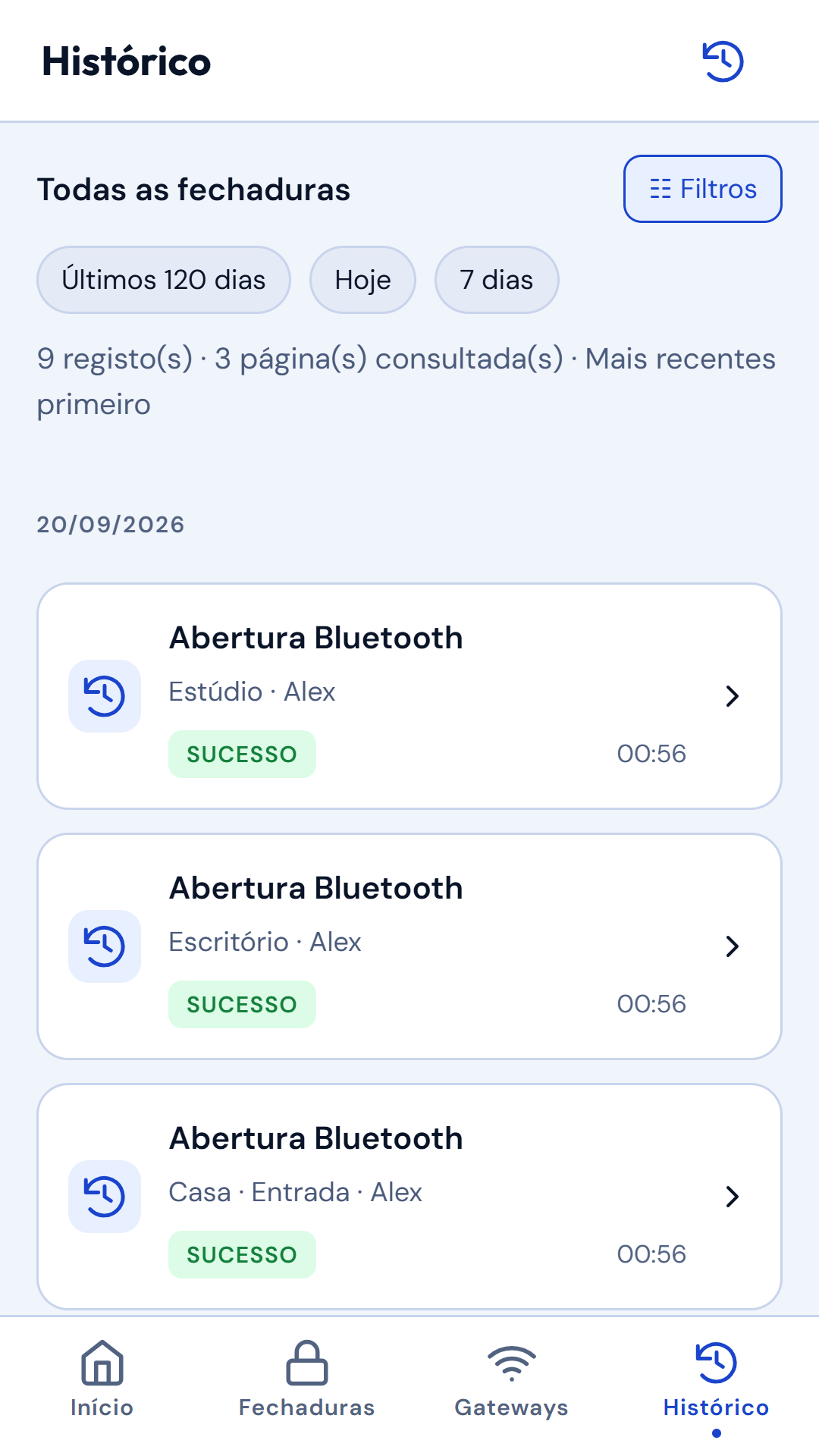 Histórico de operações na aplicação myLocks