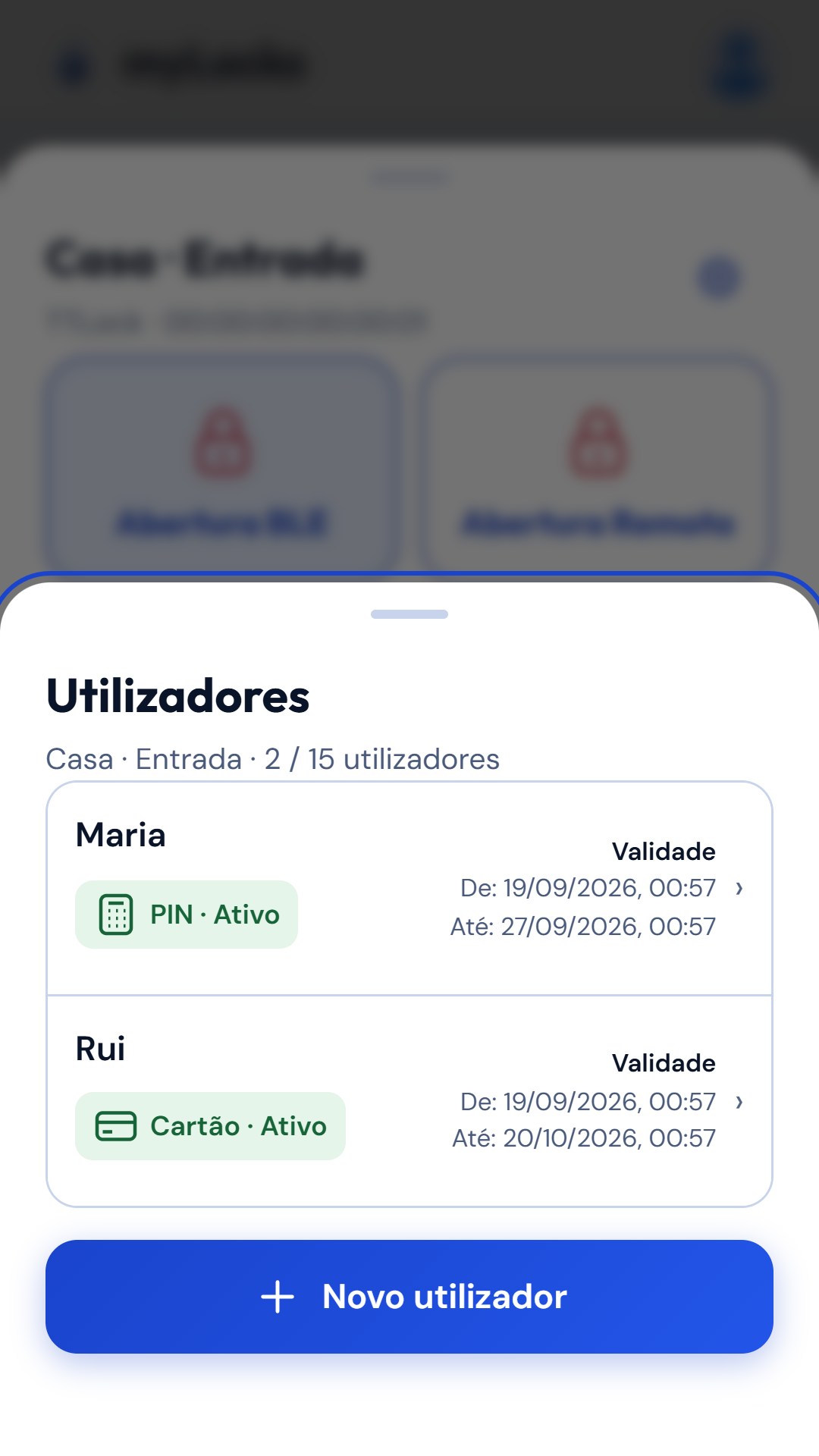 Utilizadores e validade dos acessos na myLocks